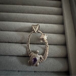 925 Silver Turtle Pendant signed  with Purple Gemstone